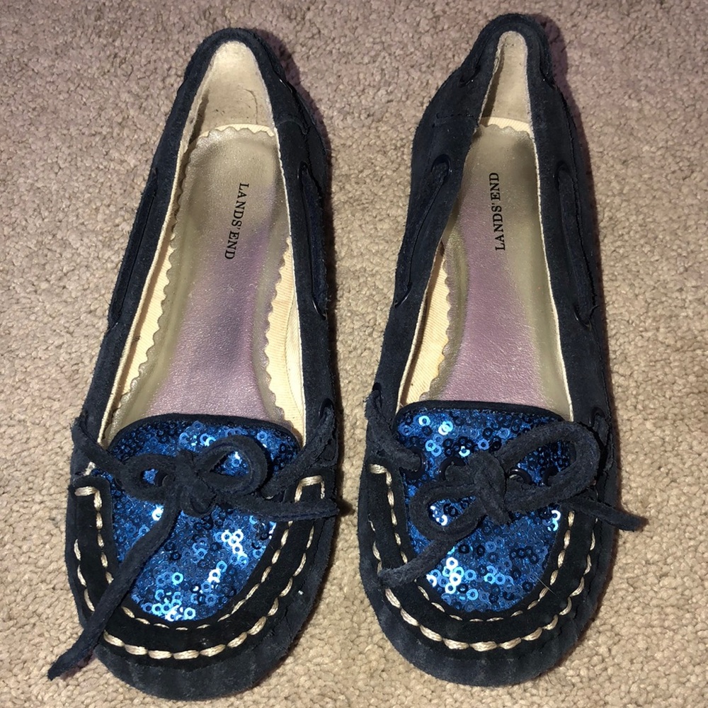 Lands End Holiday Girls‎ toddlers size 11 Sequins Suede Loafers Navy Blue